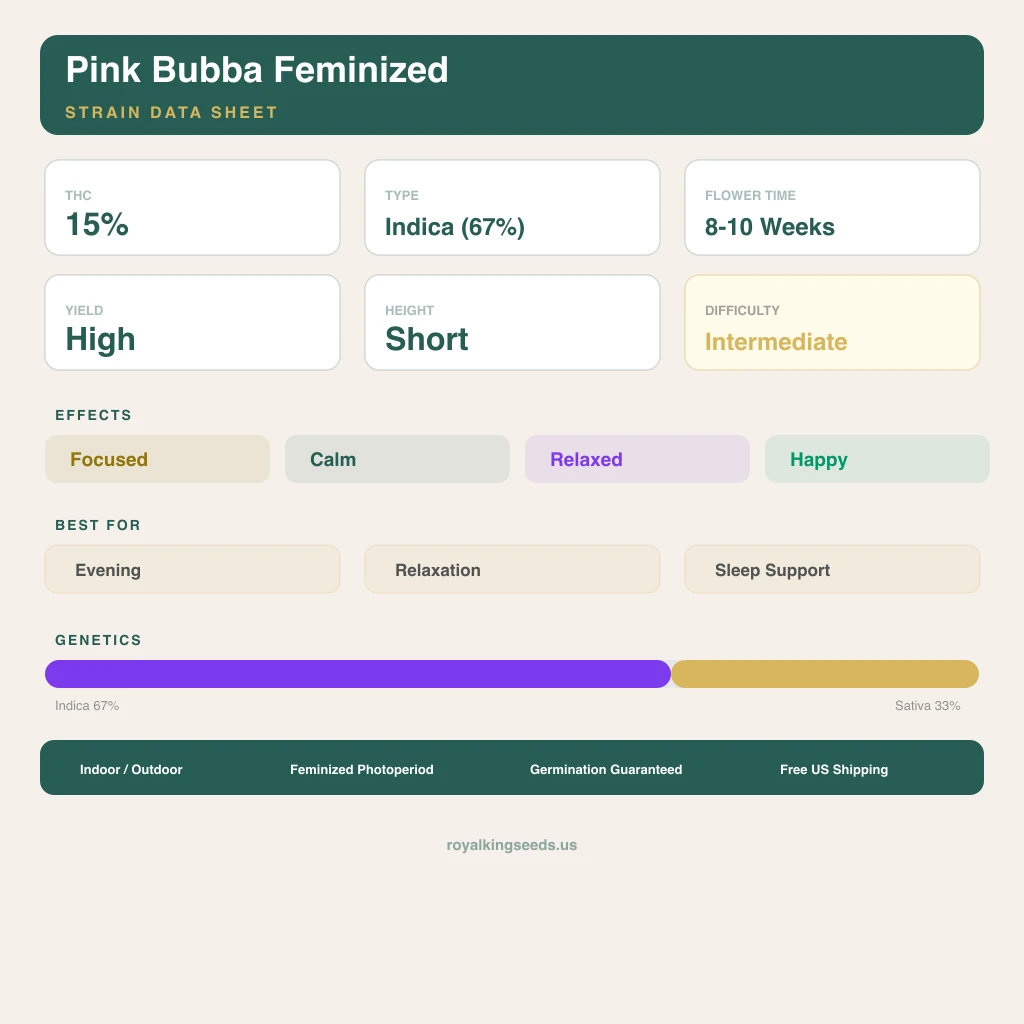 Pink Bubba 67% Indica / 33% Sativa — Blüte mit sichtbaren Trichomen