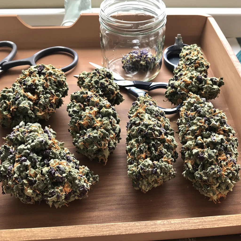 Pink Panther 70% Indica / 30% Sativa — Blüte mit sichtbaren Trichomen