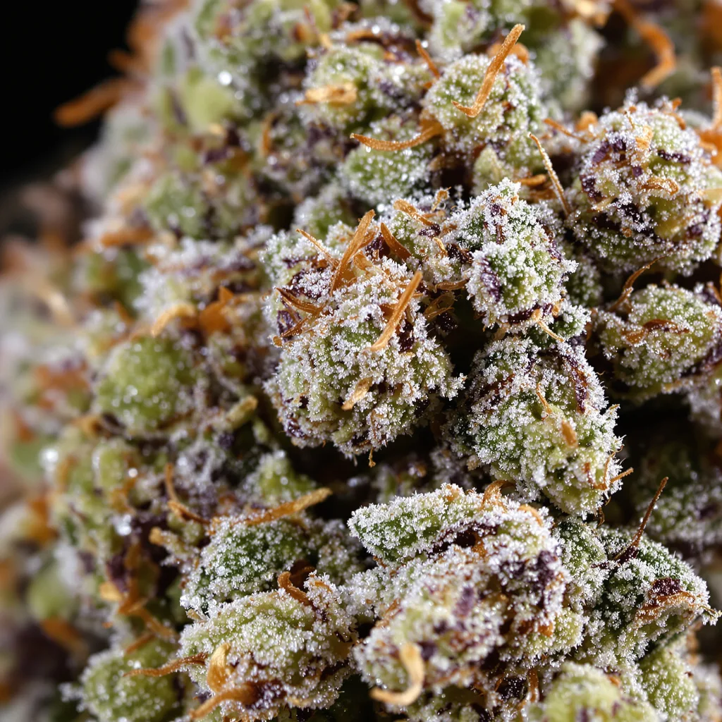 Pink Runtz Cannabisblüte Nahaufnahme mit ausgewogene Blütenstruktur mit eisigen Trichomen