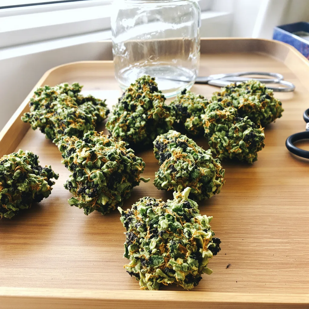 Platinum Bubba 74% Indica / 26% Sativa — Blüte mit sichtbaren Trichomen