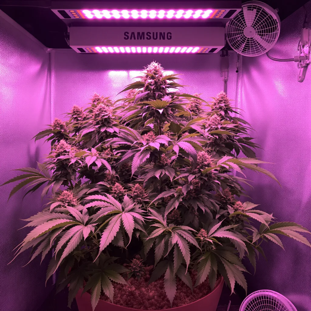 Pluto Kush 88% Indica / 12% Sativa — Blüte mit sichtbaren Trichomen