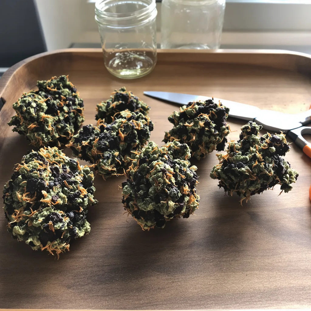 Pokie 67% Indica / 33% Sativa — Blüte mit sichtbaren Trichomen