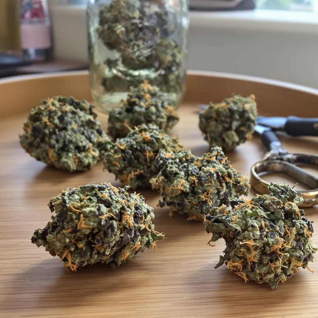 Popcorn Kush 67% Indica / 33% Sativa — Blüte mit sichtbaren Trichomen