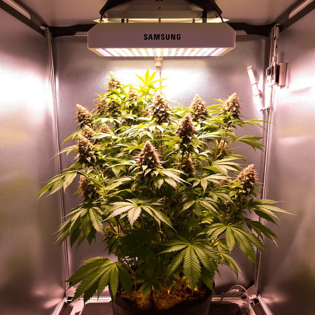 Popcorn Kush 67% Indica / 33% Sativa — Blüte mit sichtbaren Trichomen