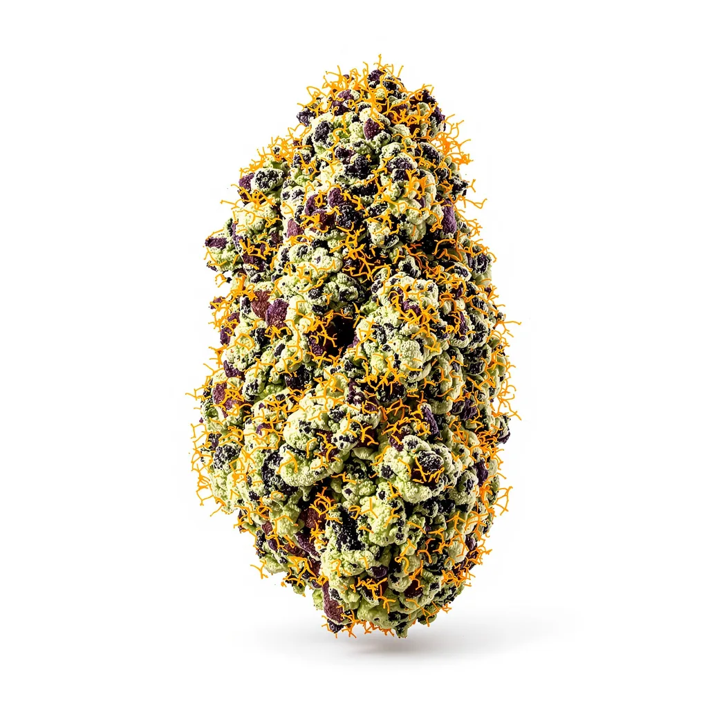 Popcorn Kush 67% Indica / 33% Sativa — Blüte mit sichtbaren Trichomen