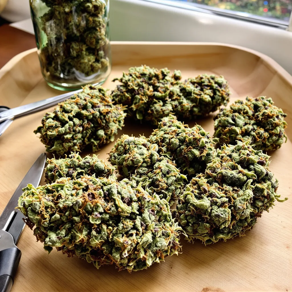 Power Kush 50% Indica / 40% Sativa — Blüte mit sichtbaren Trichomen