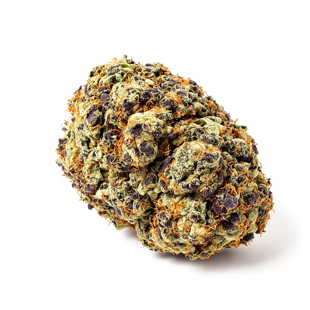 Pure OG 86% Indica / 14% Sativa — Blüte mit sichtbaren Trichomen