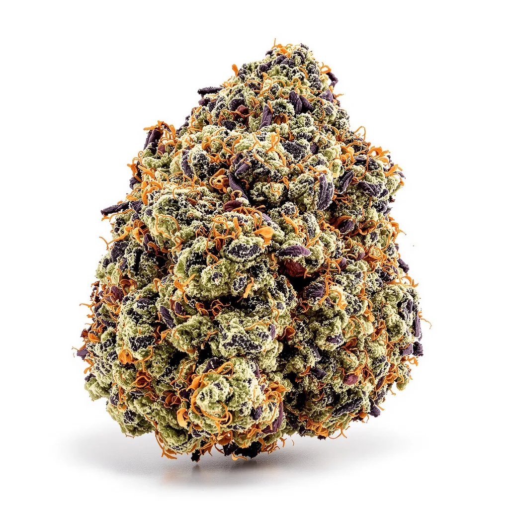 Purple Alien OG 86% Indica / 14% Sativa — Blüte mit sichtbaren Trichomen