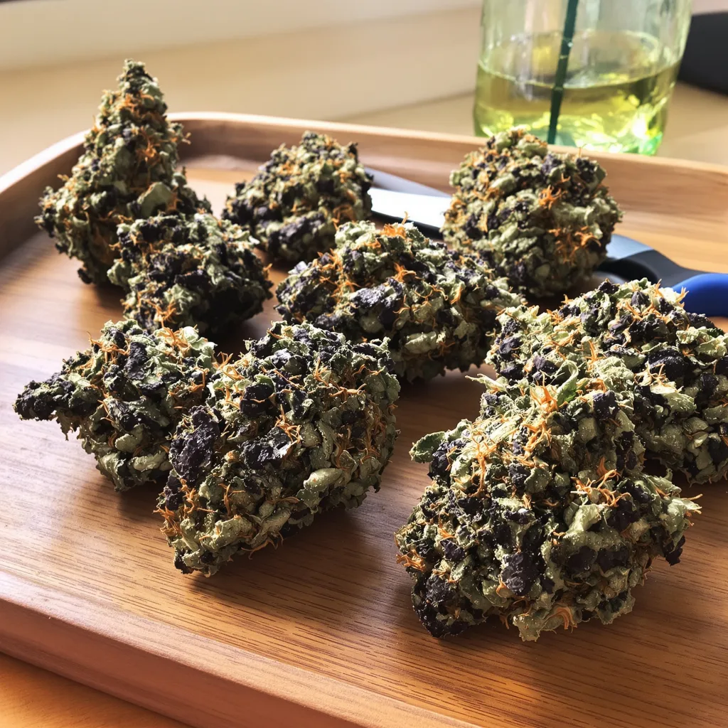 Purple Arrow 79% Indica / 21% Sativa — Blüte mit sichtbaren Trichomen