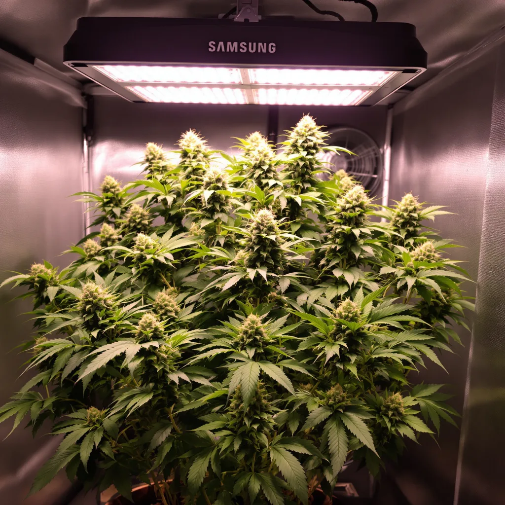 Purple Arrow 79% Indica / 21% Sativa — Blüte mit sichtbaren Trichomen