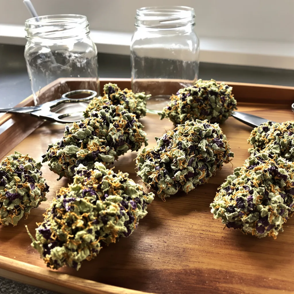 Purple Berry 76% Indica / 24% Sativa — Blüte mit sichtbaren Trichomen