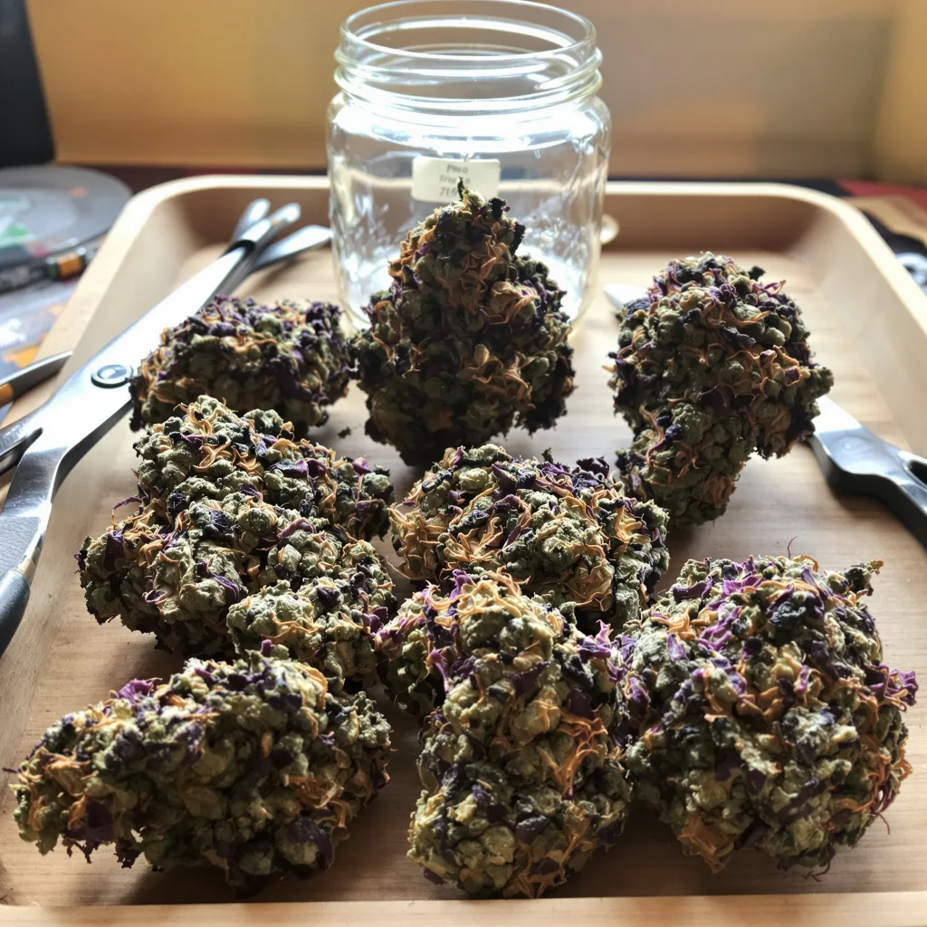Purple Candy 77% Indica / 23% Sativa — Blüte mit sichtbaren Trichomen