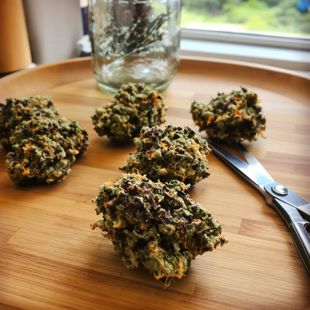 Purple Chemdawg 71% Indica / 29% Sativa — Blüte mit sichtbaren Trichomen