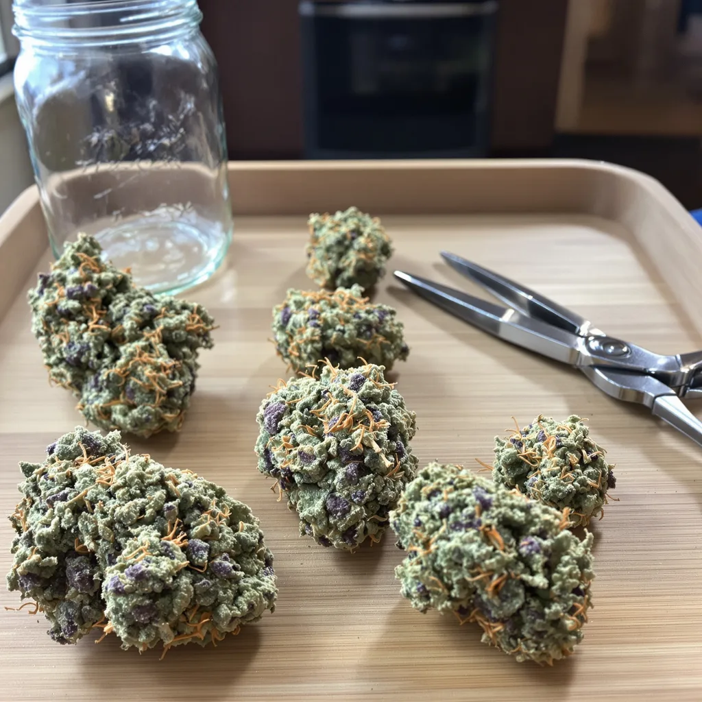 Purple Elephant 60% Indica / 40% Sativa — Blüte mit sichtbaren Trichomen