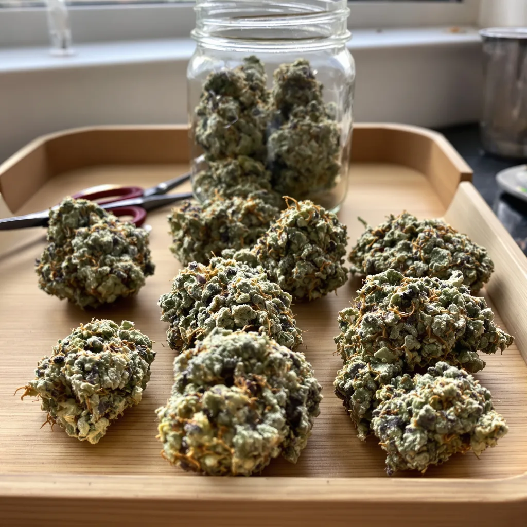 Purple Gorilla 46% Indica / 54% Sativa — Blüte mit sichtbaren Trichomen