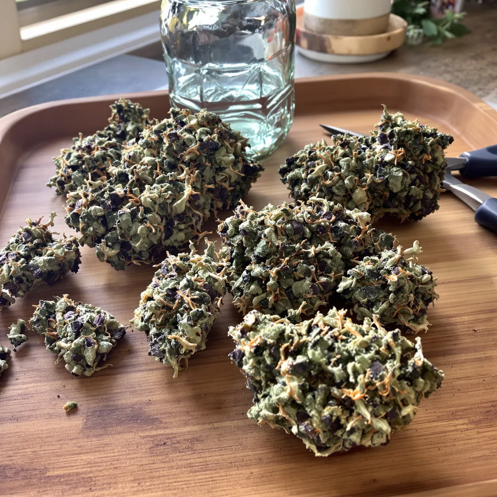 Purple Monkey Balls 68% Indica / 32% Sativa — Blüte mit sichtbaren Trichomen