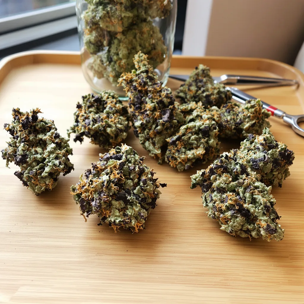 Purple Mr. Nice 74% Indica / 26% Sativa — Blüte mit sichtbaren Trichomen