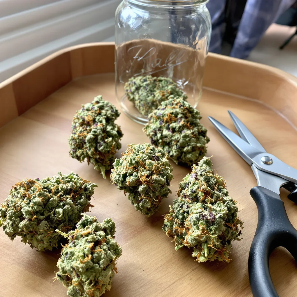 Purple Nepal Candy 39% Indica / 61% Sativa — Blüte mit sichtbaren Trichomen