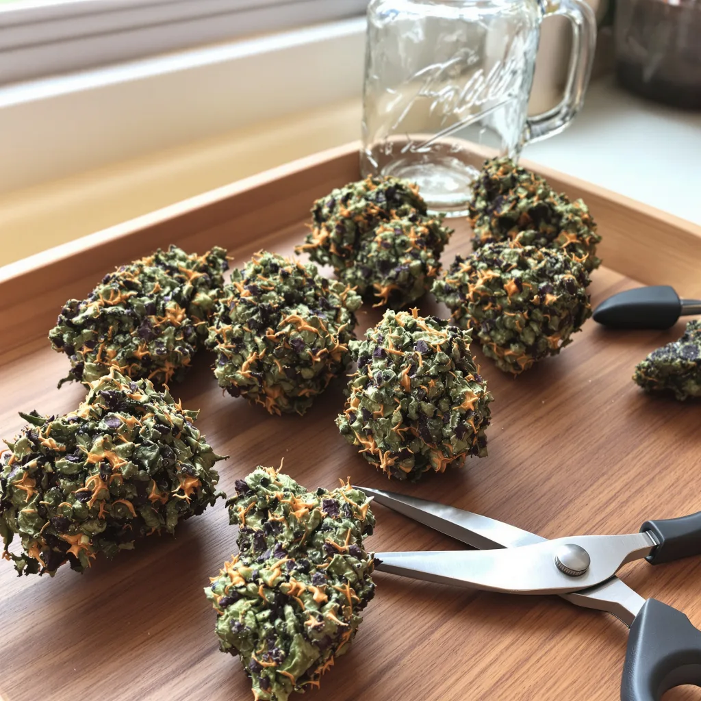 Purple Nepal 68% Indica / 32% Sativa — Blüte mit sichtbaren Trichomen
