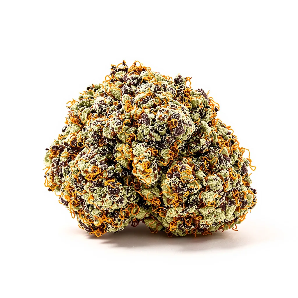 Purple Nepal 68% Indica / 32% Sativa — Blüte mit sichtbaren Trichomen