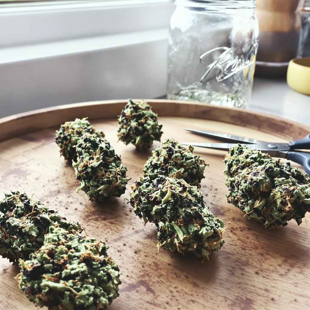 Purple OG Kush 75% Indica / 25% Sativa — Blüte mit sichtbaren Trichomen