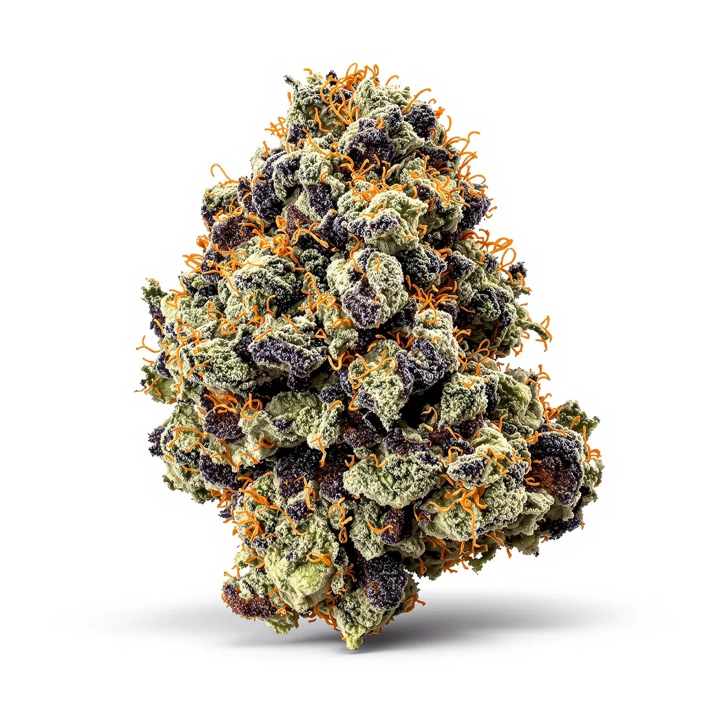 Purple OG Kush 75% Indica / 25% Sativa — Blüte mit sichtbaren Trichomen