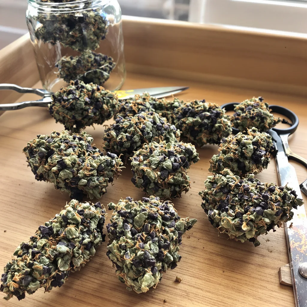 Purple People Eater 65% Indica / 35% Sativa — Blüte mit sichtbaren Trichomen