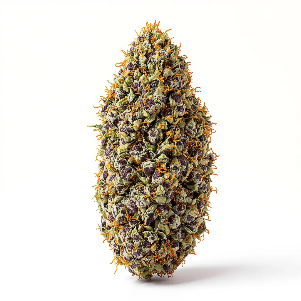 Purple People Eater 65% Indica / 35% Sativa — Blüte mit sichtbaren Trichomen