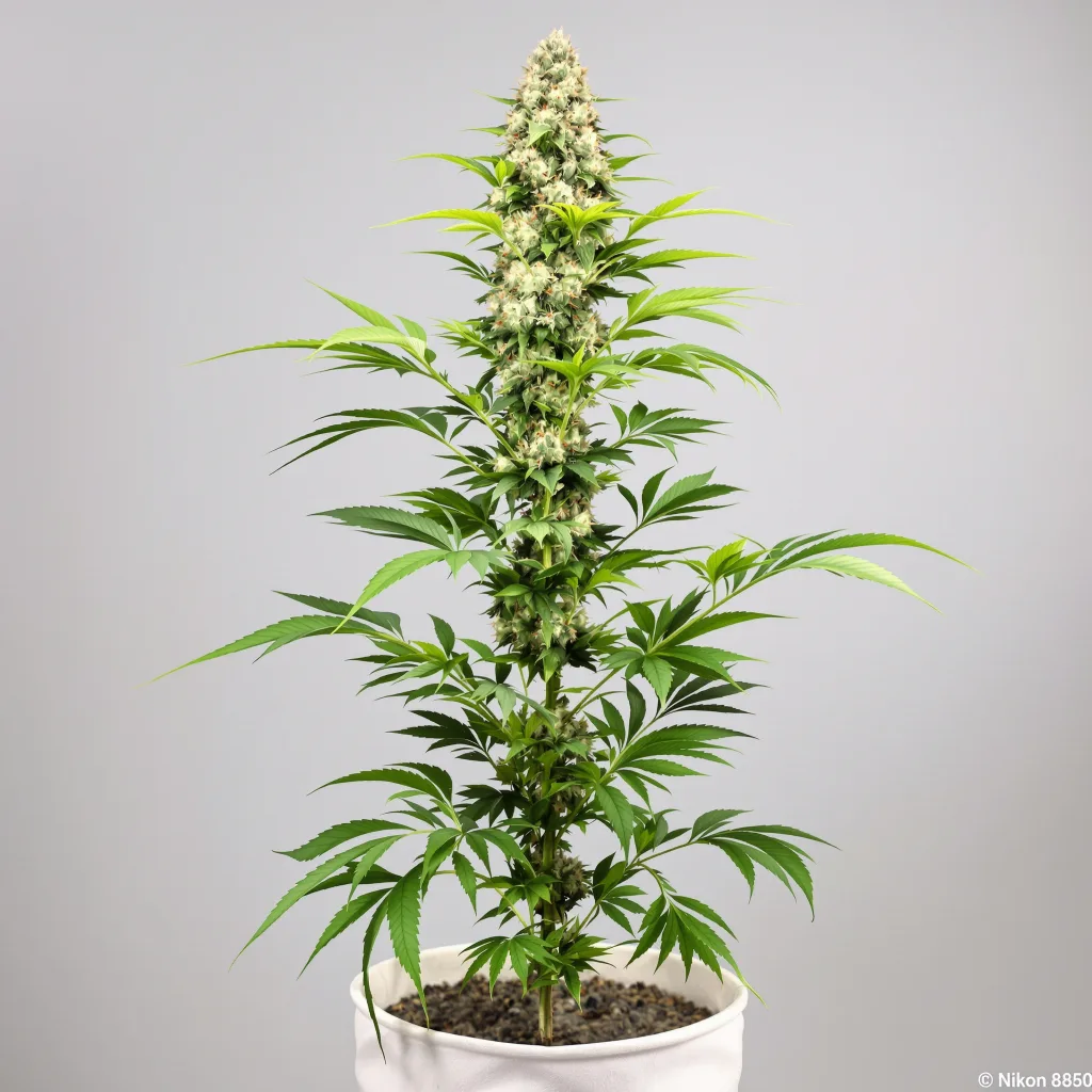 Purple Skunk Cannabisblüte Nahaufnahme mit ausgewogene Blütenstruktur mit eisigen Trichomen