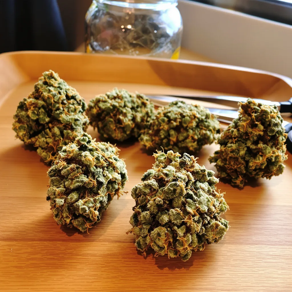 Purple Skunk 54% Indica / 46% Sativa — Blüte mit sichtbaren Trichomen