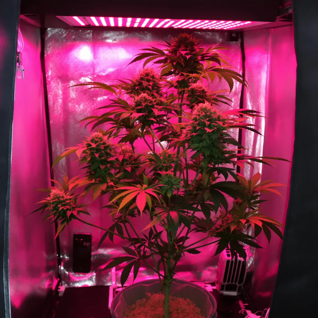 Purple Skunk 54% Indica / 46% Sativa — Blüte mit sichtbaren Trichomen