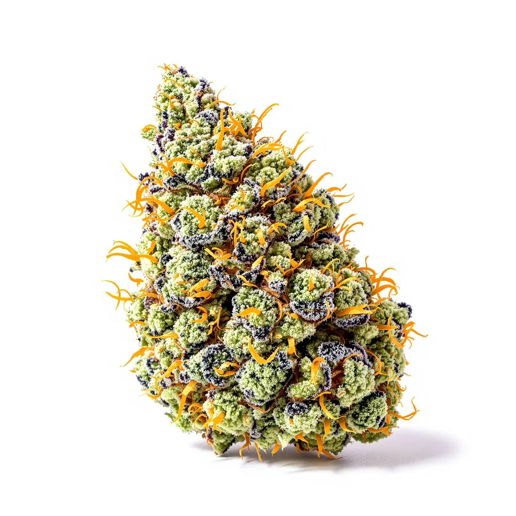 Purple Skunk 54% Indica / 46% Sativa — Blüte mit sichtbaren Trichomen