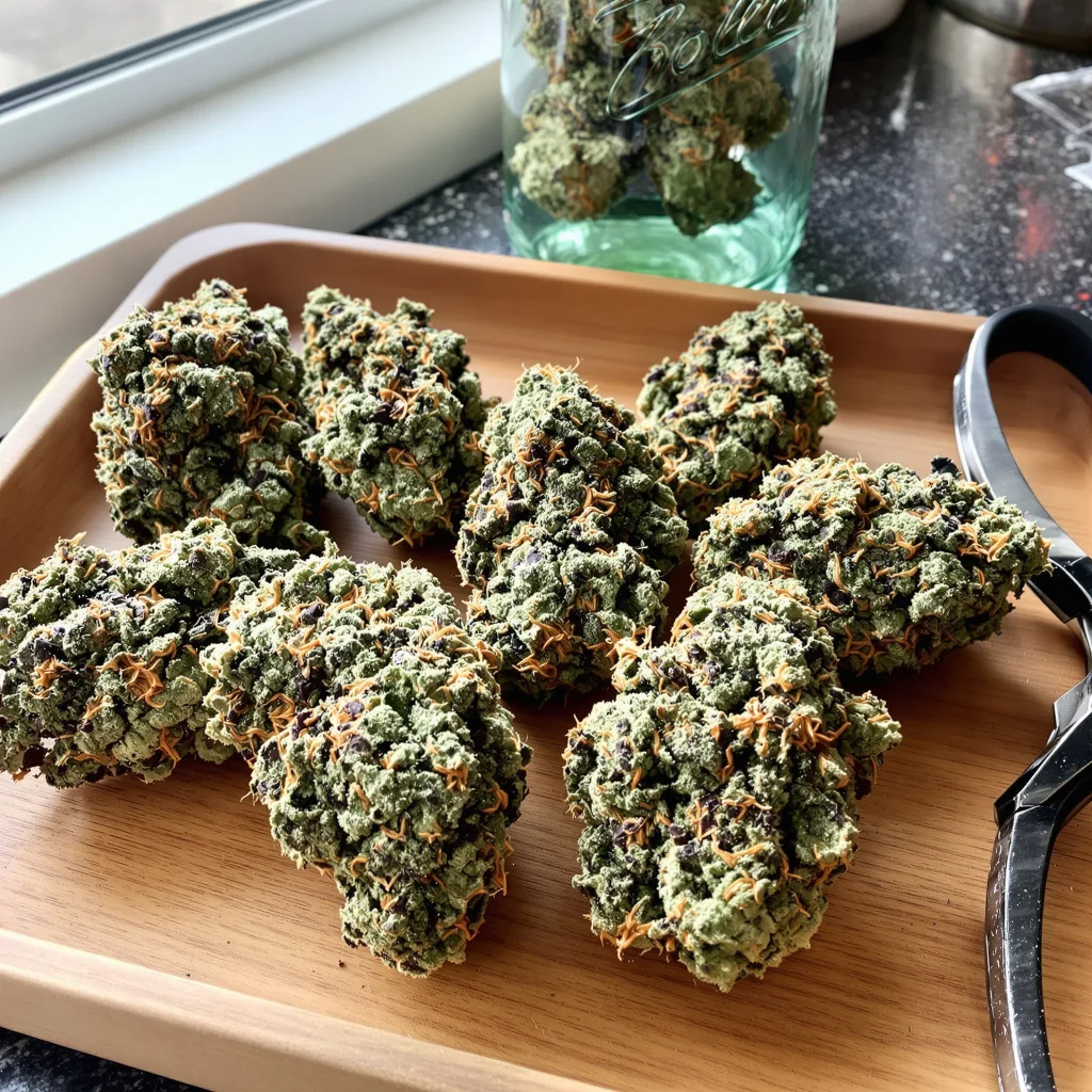 Purple Trainwreck 50% Indica / 50% Sativa — Blüte mit sichtbaren Trichomen