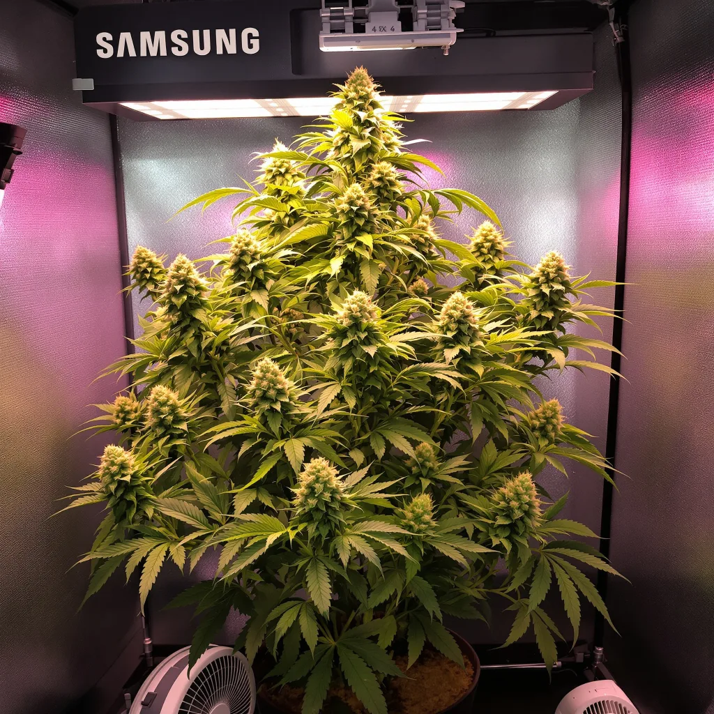 Purple Trainwreck 50% Indica / 50% Sativa — Blüte mit sichtbaren Trichomen