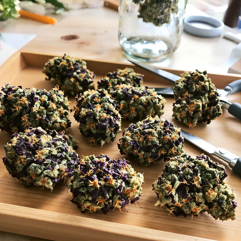 Purple Urkle 74% Indica / 26% Sativa — Blüte mit sichtbaren Trichomen