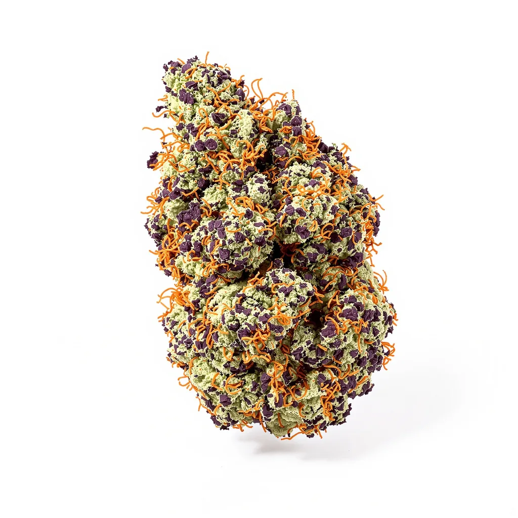 Purple Urkle 74% Indica / 26% Sativa — Blüte mit sichtbaren Trichomen