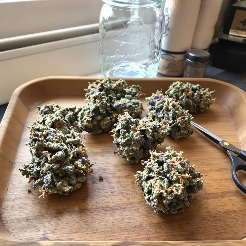Purple Voodoo 54% Indica / 46% Sativa — Blüte mit sichtbaren Trichomen