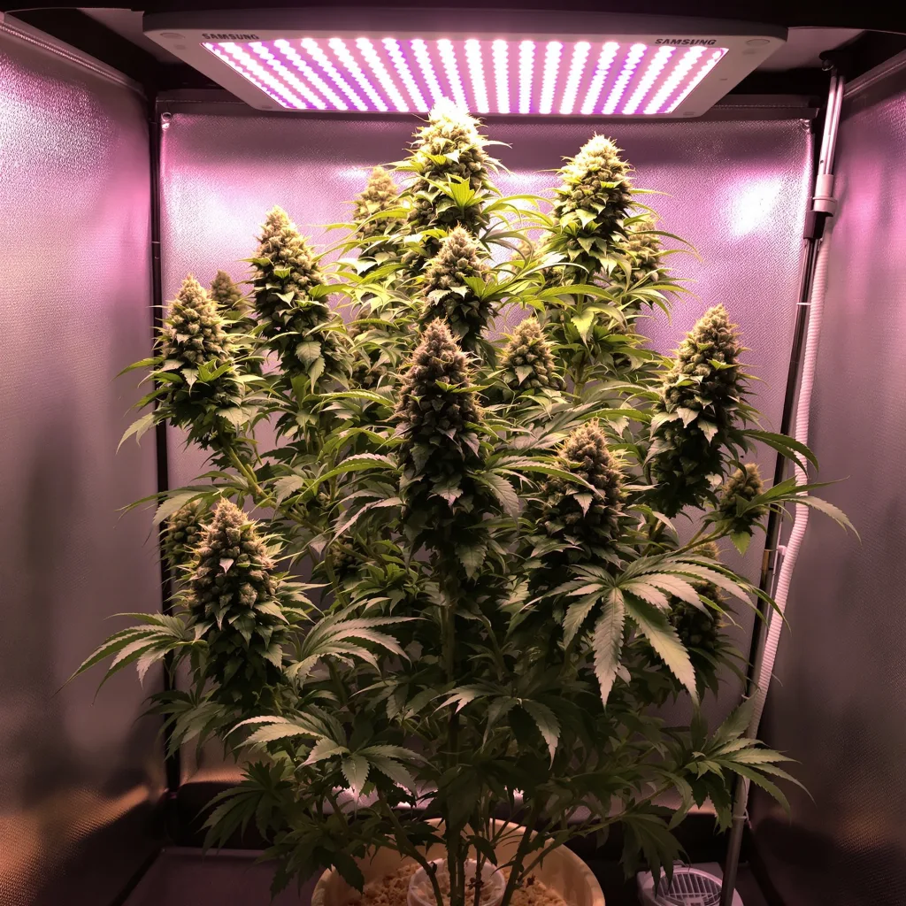 Purple Voodoo 54% Indica / 46% Sativa — Blüte mit sichtbaren Trichomen