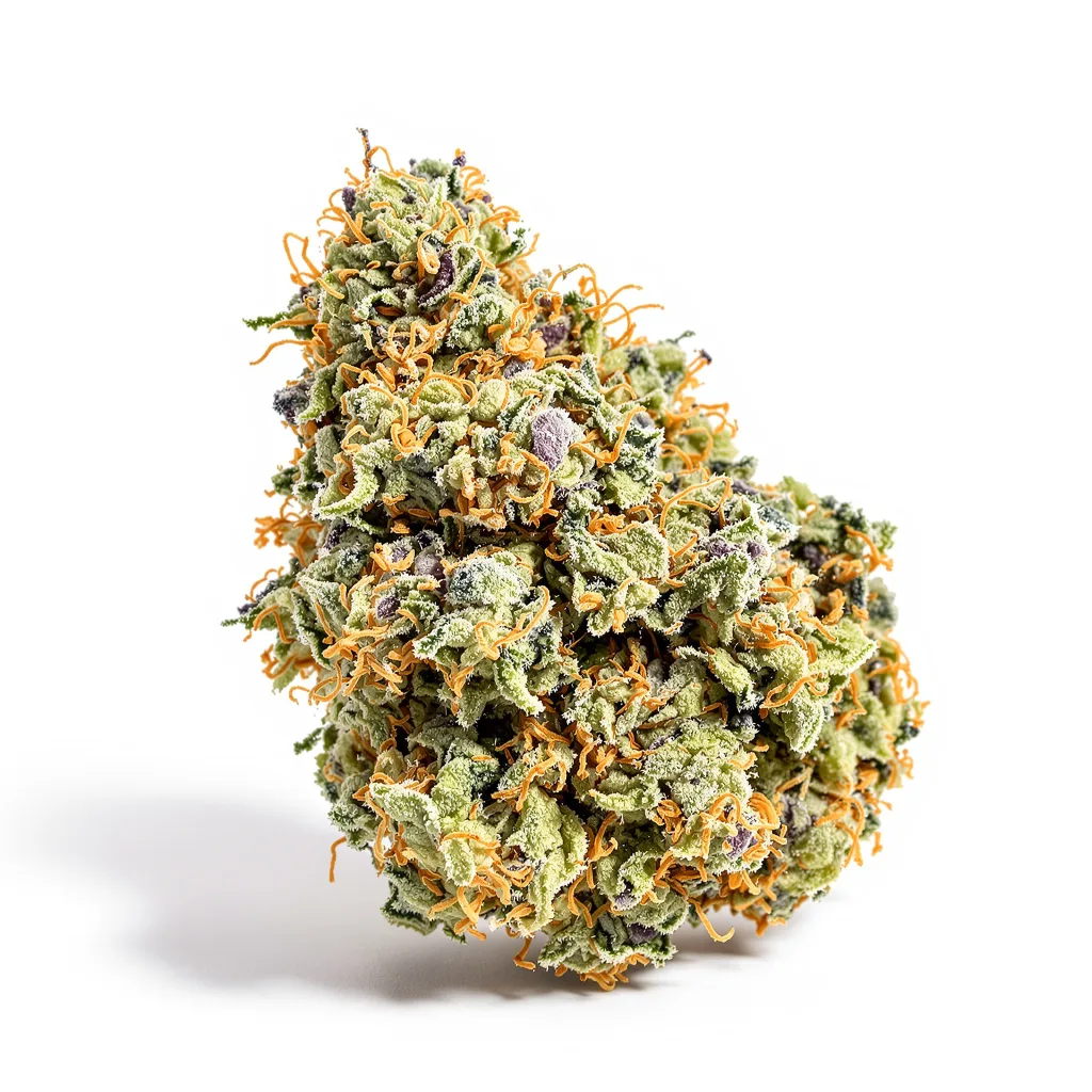 Purple Voodoo 54% Indica / 46% Sativa — Blüte mit sichtbaren Trichomen