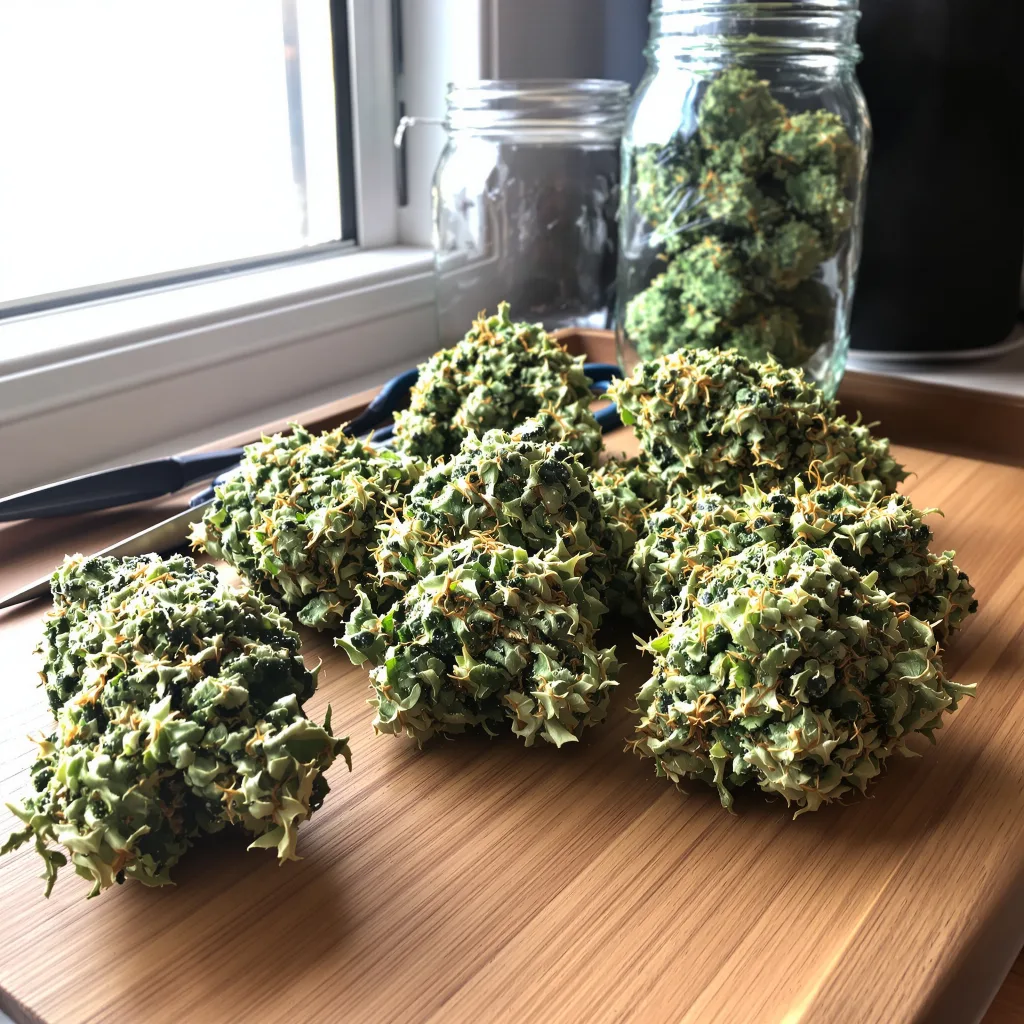 Quantum Kush 25% Indica / 75% Sativa — Blüte mit sichtbaren Trichomen