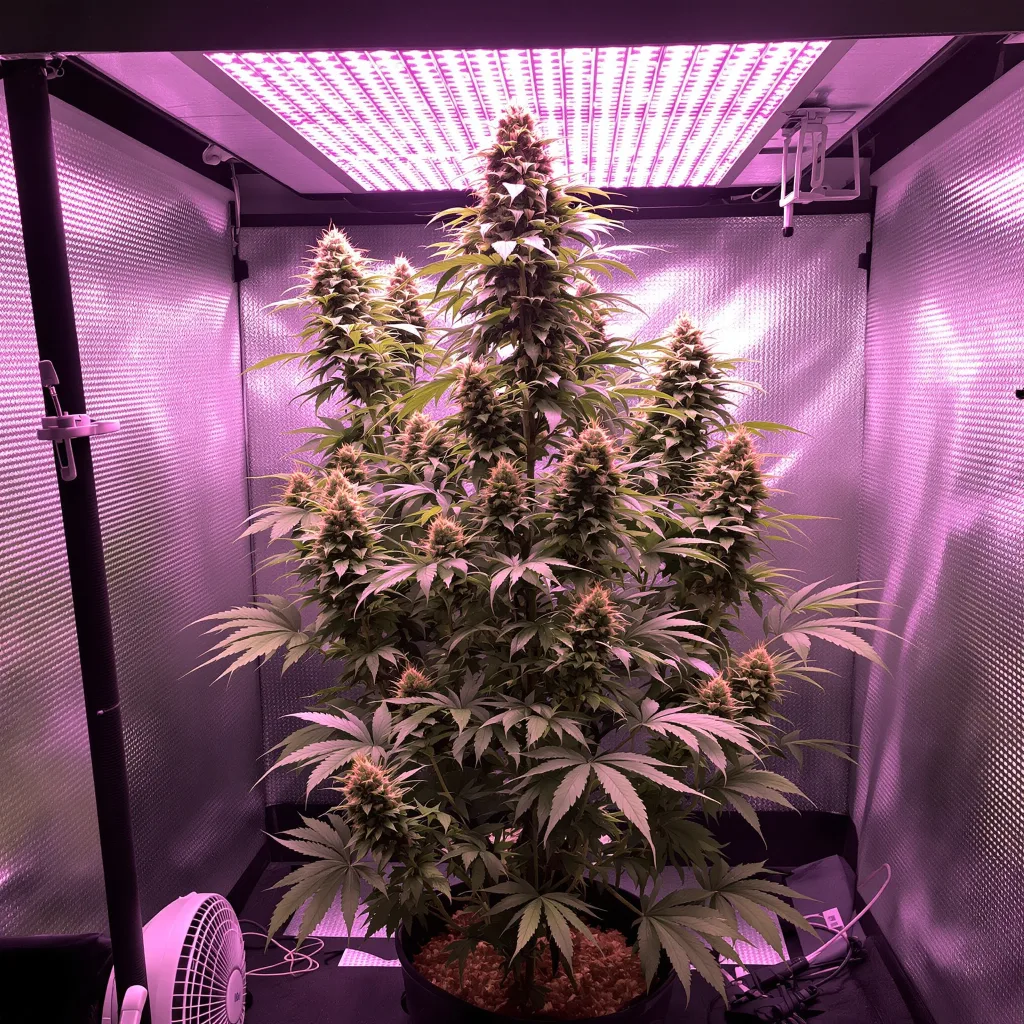 Quantum Kush 25% Indica / 75% Sativa — Blüte mit sichtbaren Trichomen