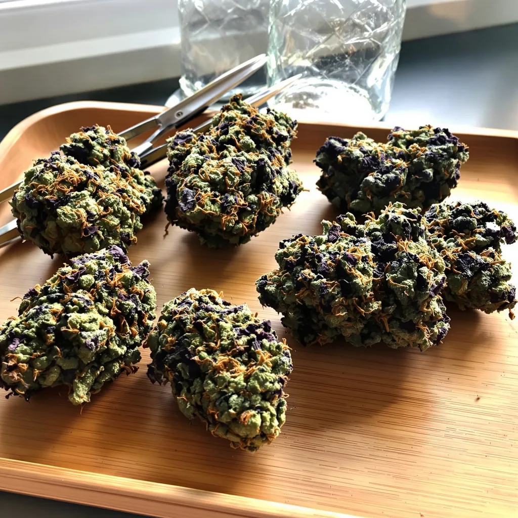 Quin-N-Tonic 77% Indica / 23% Sativa — Blüte mit sichtbaren Trichomen