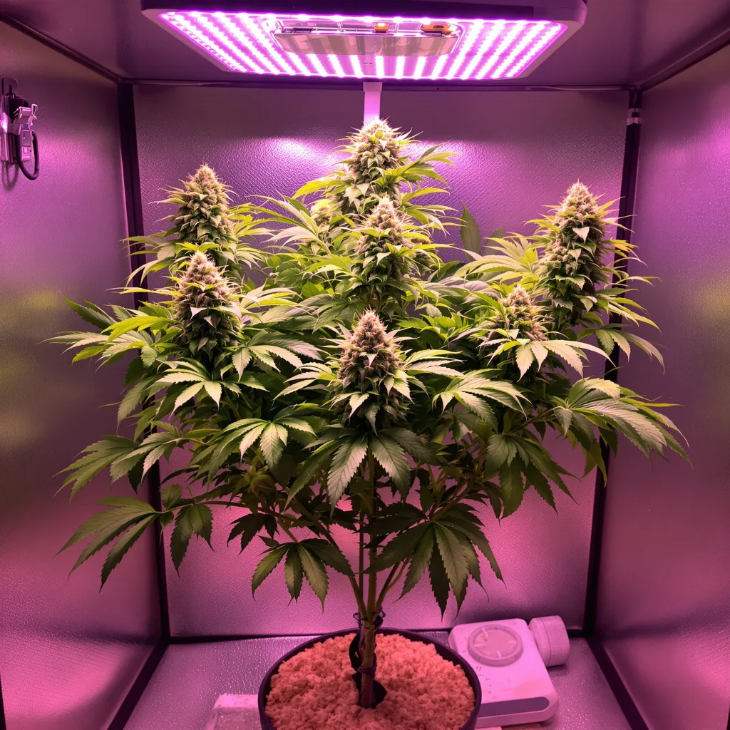 Quin-N-Tonic 77% Indica / 23% Sativa — Blüte mit sichtbaren Trichomen