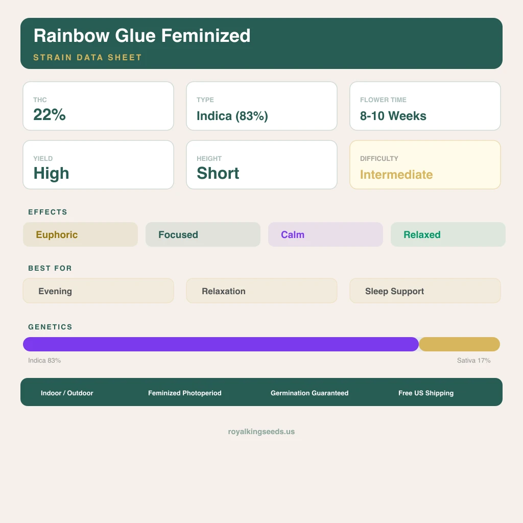 Rainbow Glue 83% Indica / 17% Sativa — Blüte mit sichtbaren Trichomen
