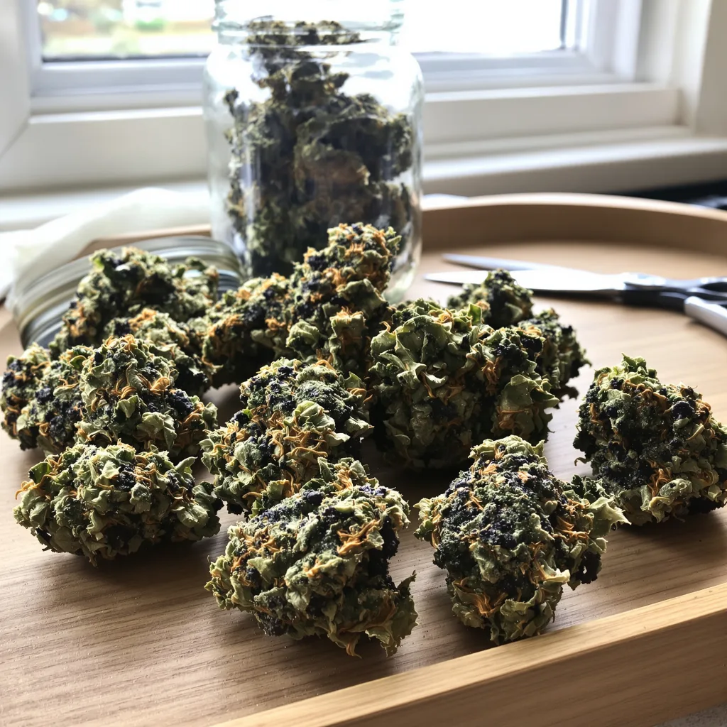 Rainbow Jones 76% Indica / 24% Sativa — Blüte mit sichtbaren Trichomen