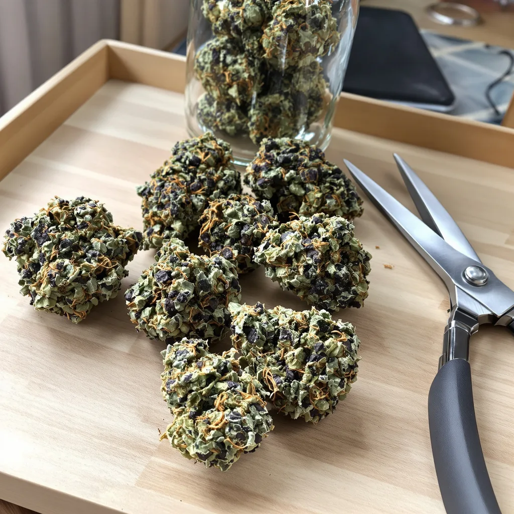 Raisinberry 87% Indica / 13% Sativa — Blüte mit sichtbaren Trichomen