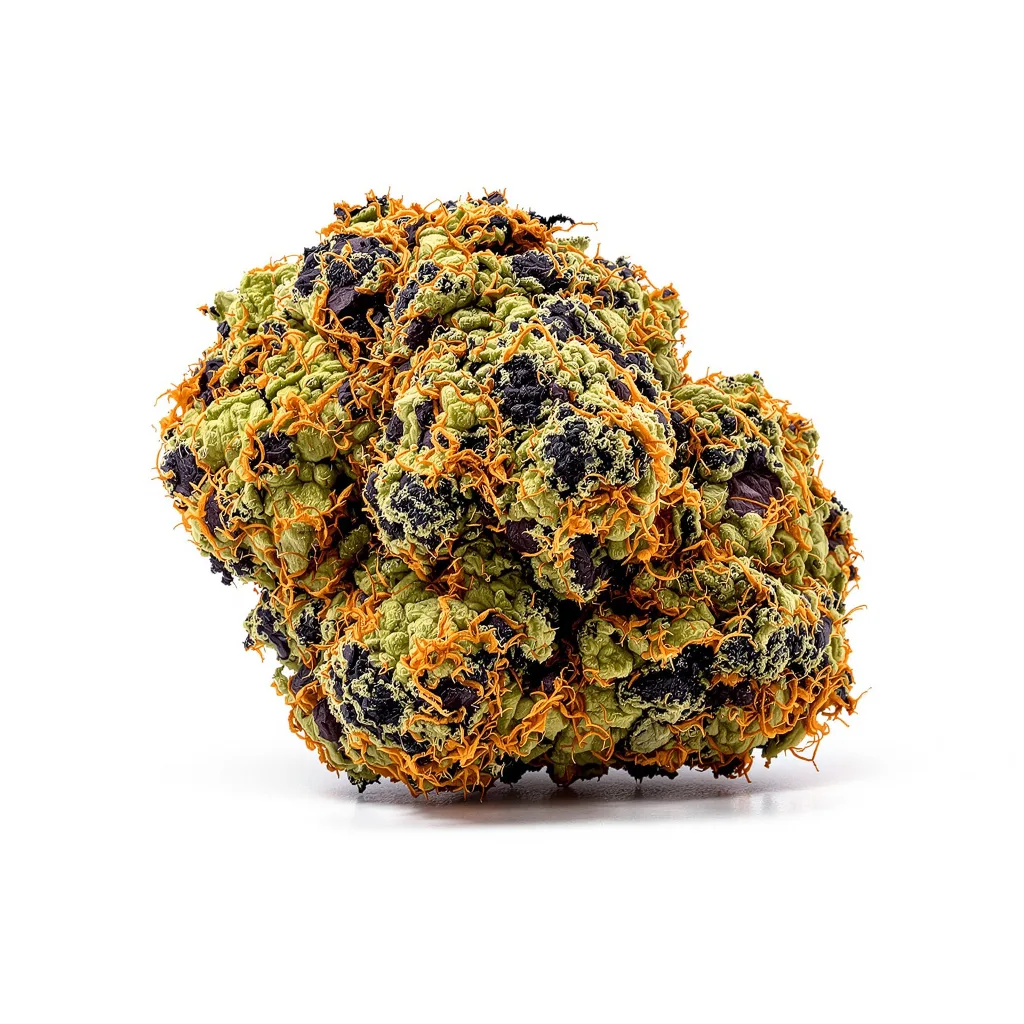 Raisinberry 87% Indica / 13% Sativa — Blüte mit sichtbaren Trichomen