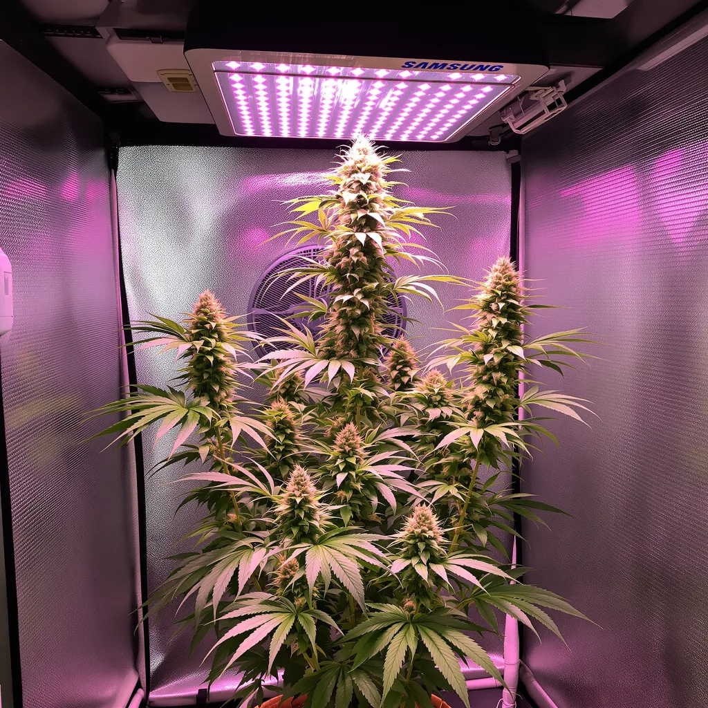 Raspberry Cough Kush 21% Indica / 79% Sativa — Blüte mit sichtbaren Trichomen
