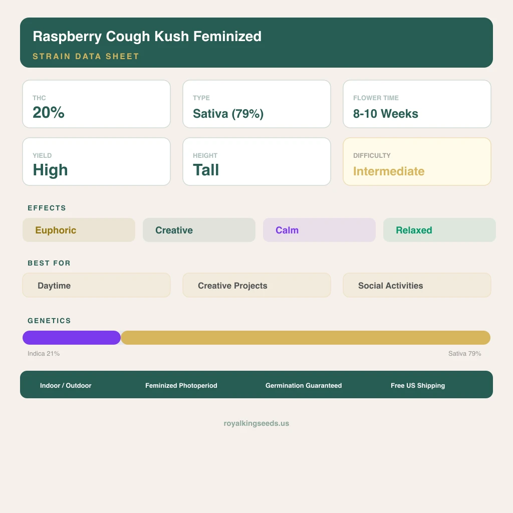 Raspberry Cough Kush 21% Indica / 79% Sativa — Blüte mit sichtbaren Trichomen