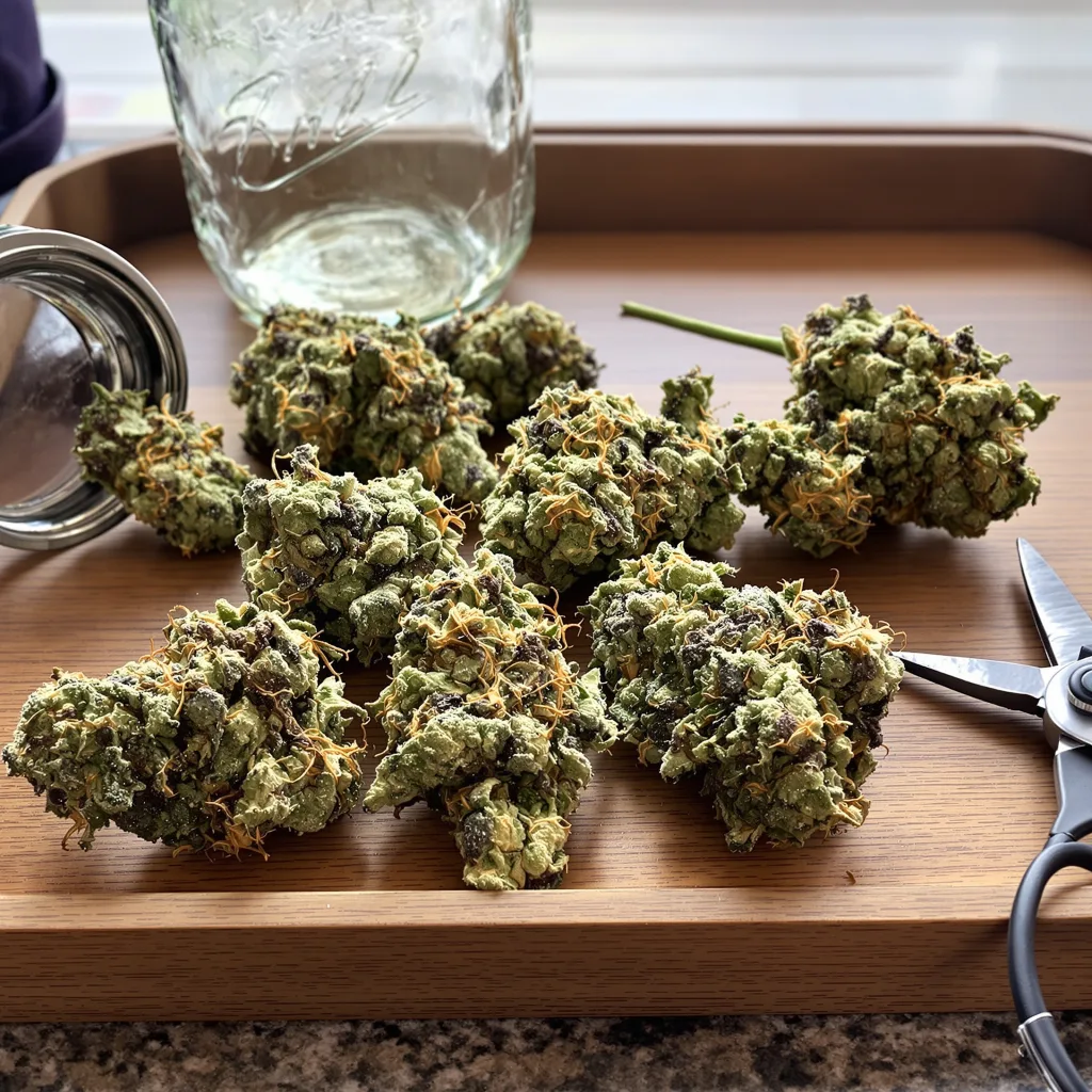 Recon 60% Indica / 40% Sativa — Blüte mit sichtbaren Trichomen
